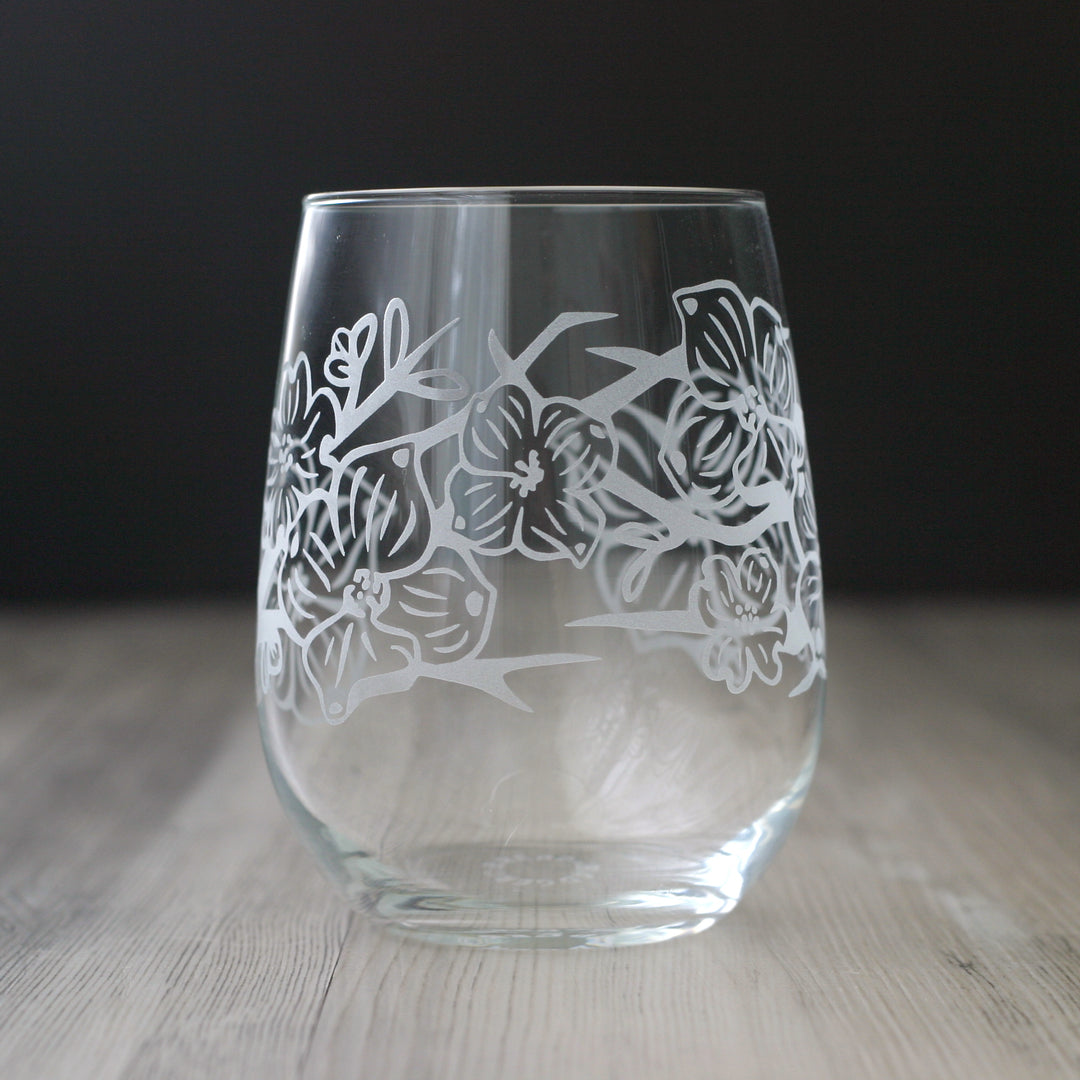 dogwood flower branches engraved stemless wine glass