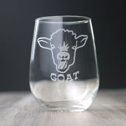 Goat etched stemless wine glass