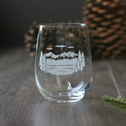 Three Sisters mountains and lake wine glass