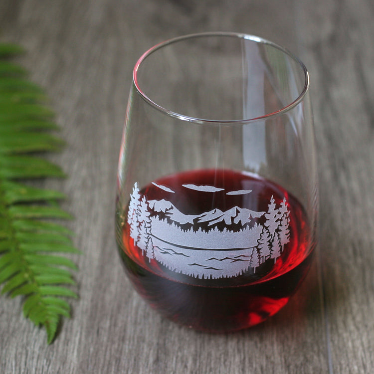 Three Sisters mountains and lake stemless wine glass