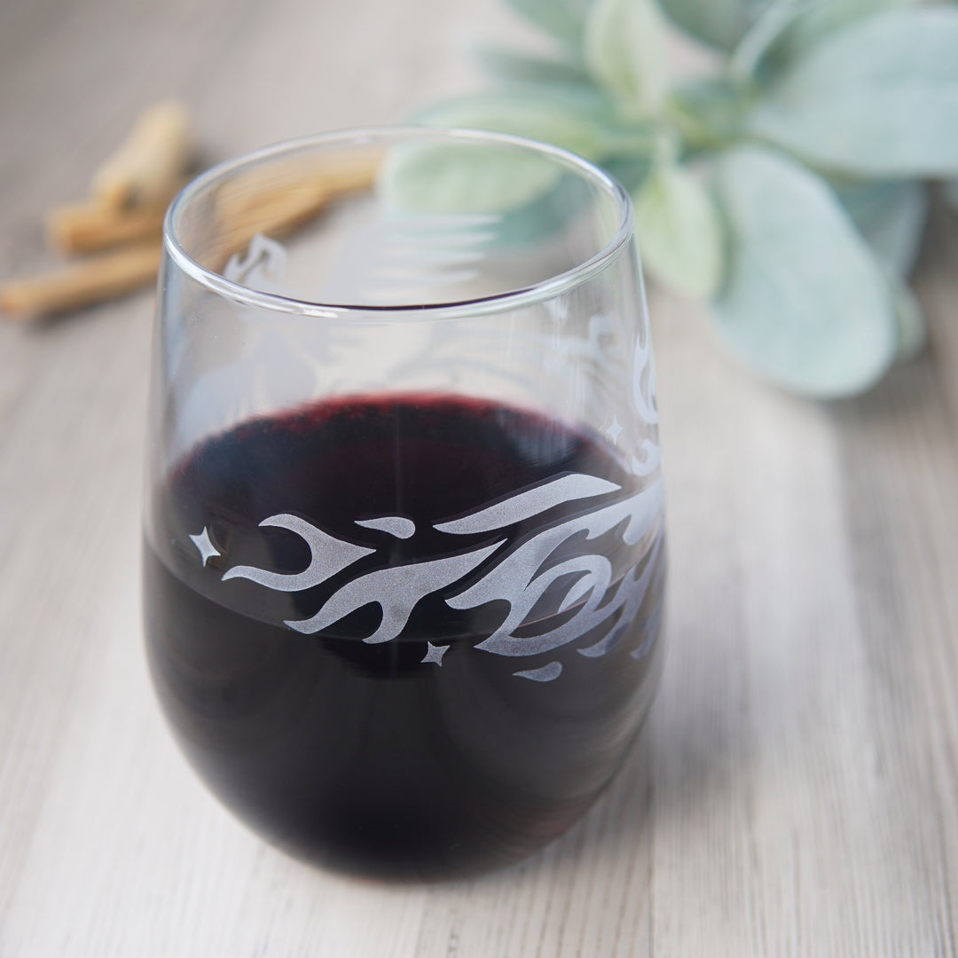 Phoenix Stemless Wine Glass - etched glassware