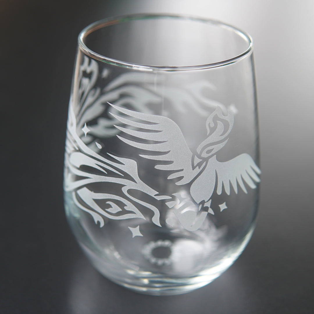 Phoenix Stemless Wine Glass - etched glassware