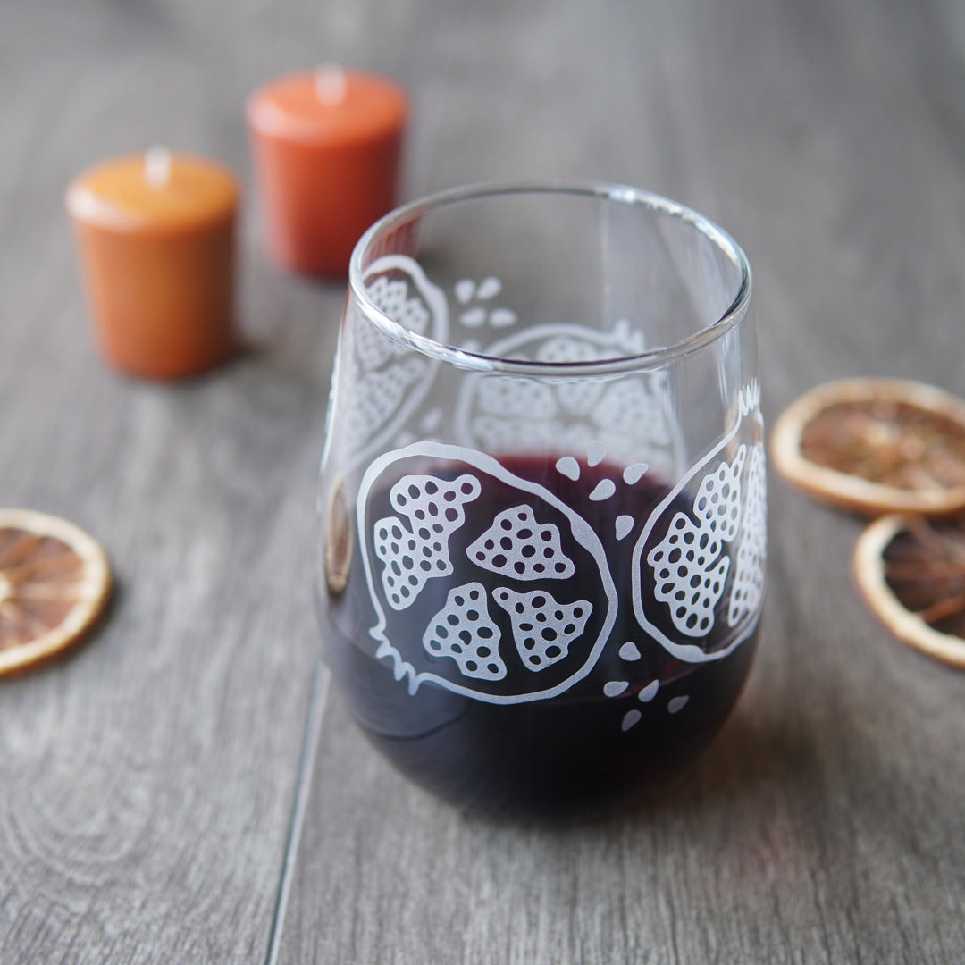 Custom Stemless Wine Glass, Etched-to-Order glassware with any stock design