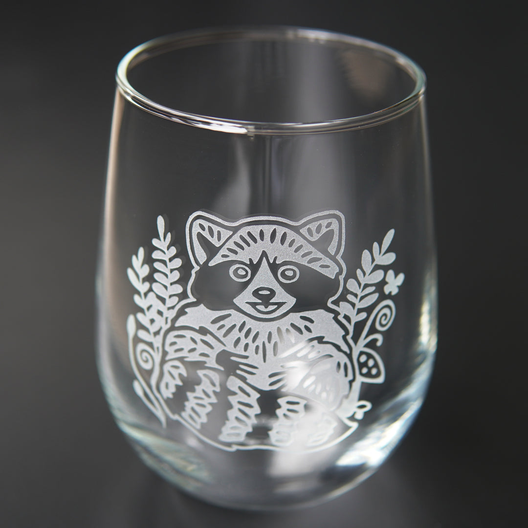 Raccoon Stemless Wine Glass - etched glassware