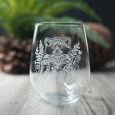 Raccoon Stemless Wine Glass - etched glassware
