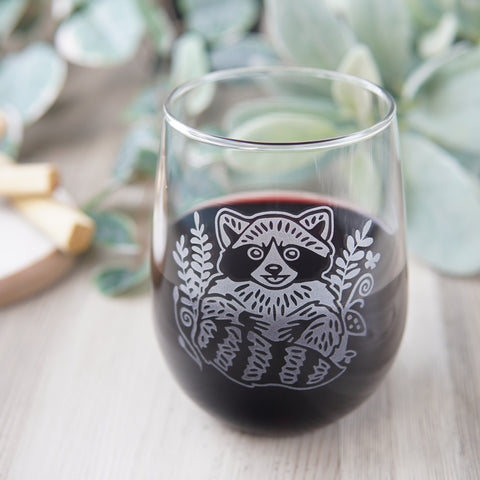 Raccoon Stemless Wine Glass - etched glassware