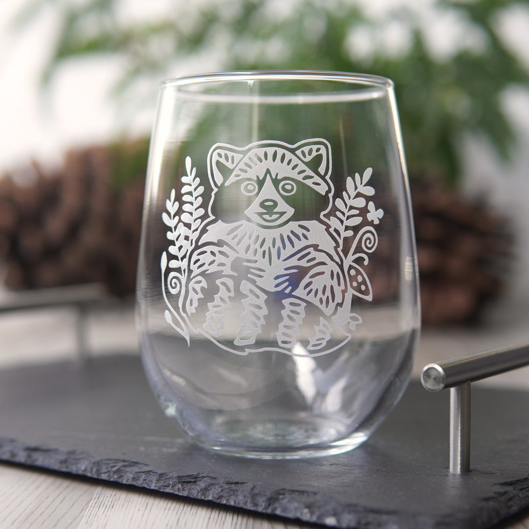 Raccoon Stemless Wine Glass - etched glassware