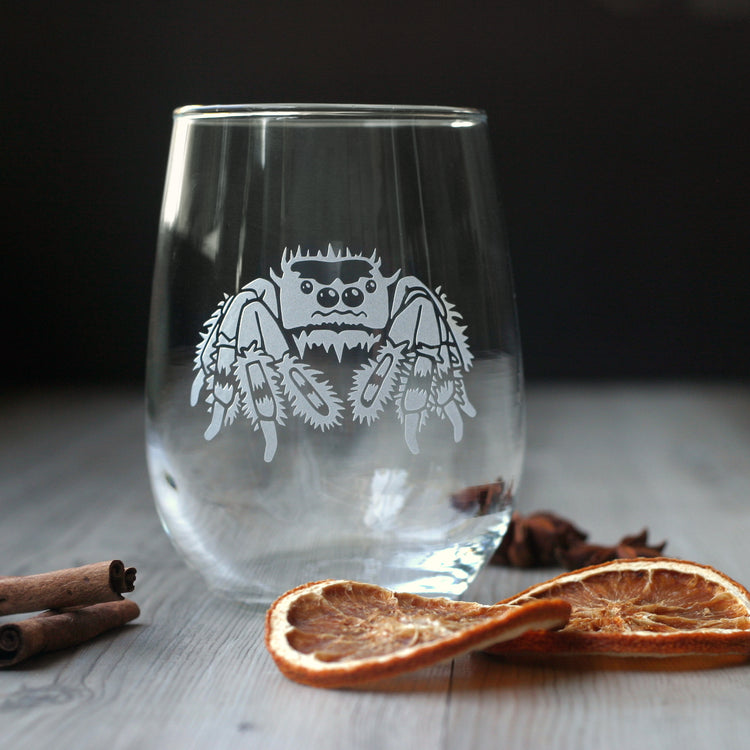 spider etched stemless wine glass