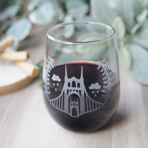 Portland Bridges etched stemless wine glass - St. Johns Bridge
