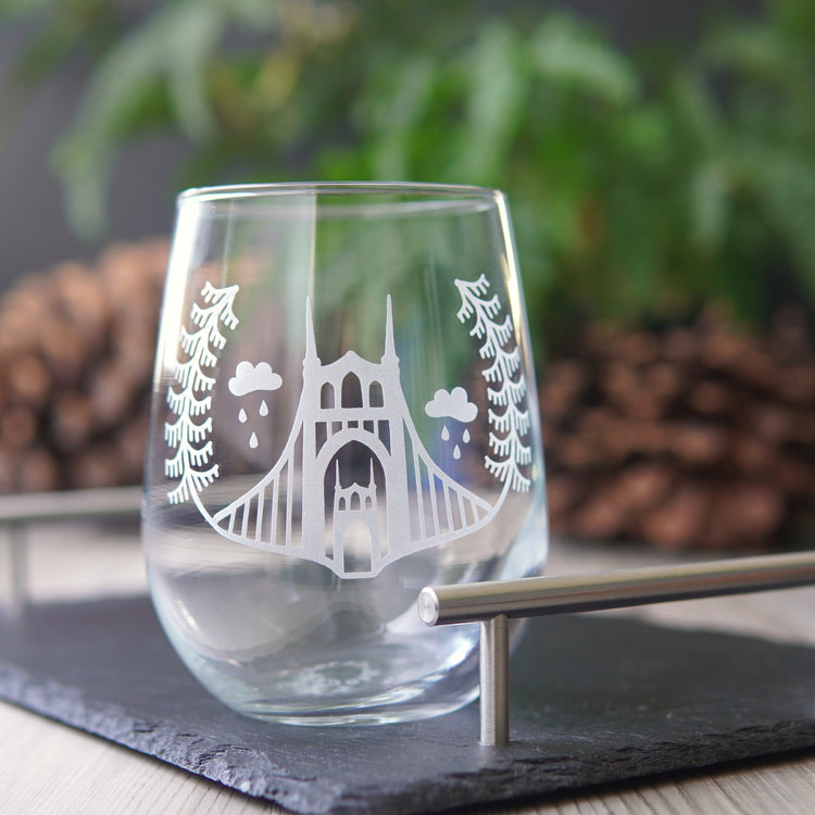 St. Johns Bridge etched stemless wine glass