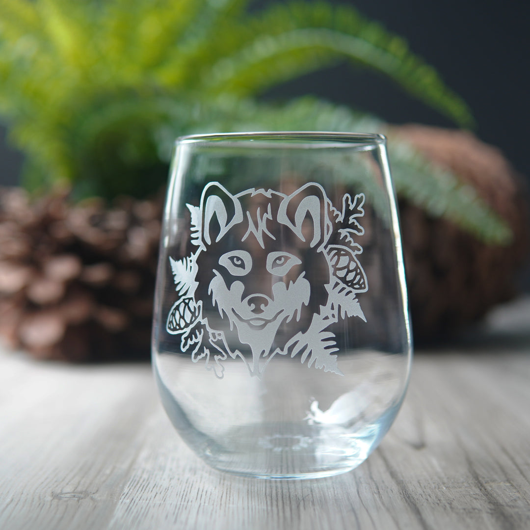 Wolf Stemless Wine Glass - etched glassware