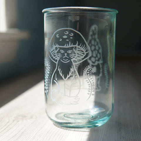 Cat Mushrooms etched recycled glass tumbler - Tall