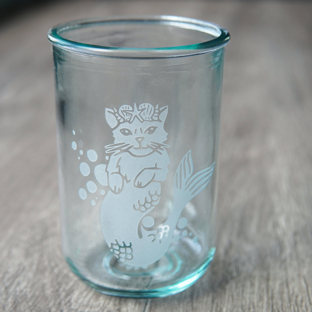 Mermaid Cat etched onto a tall recycled glass cup