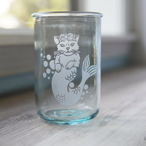 Mermaid Cat etched onto a tall recycled glass cup