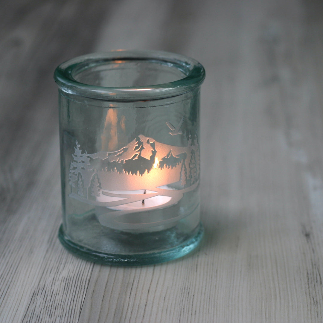 mt hood candle holder with lit tealight